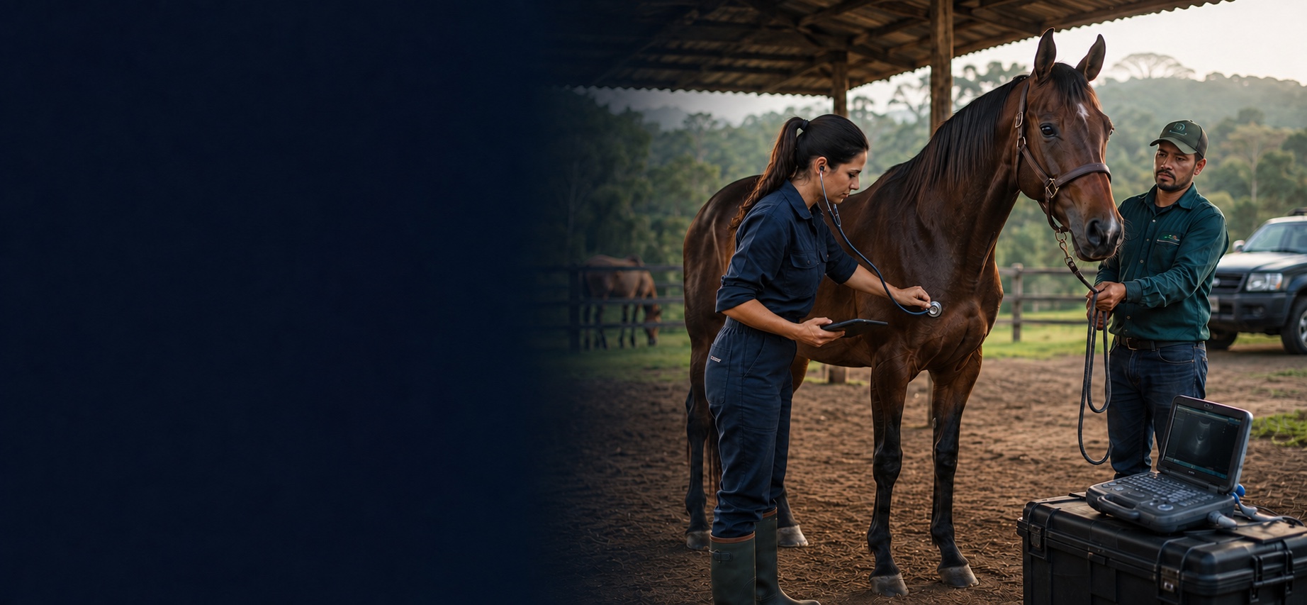 Médica-veterinária examinando um cavalo com tecnologia portátil no campo